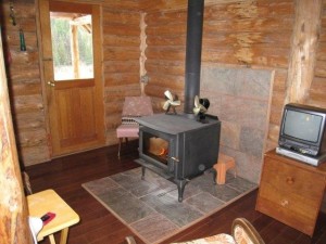 Wood stove and door onto deck